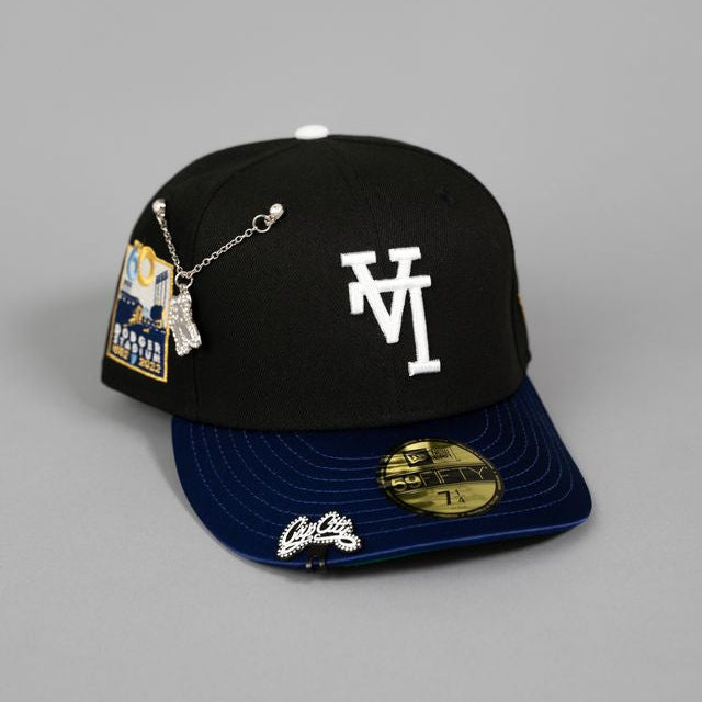 NEW ERA EXCLUSIVE 59FIFTY BLACK/ SATIN BLUE UPSIDE DOWN LOS ANGELES DODGERS W/ DODGER STADIUM SIDE PATCH
