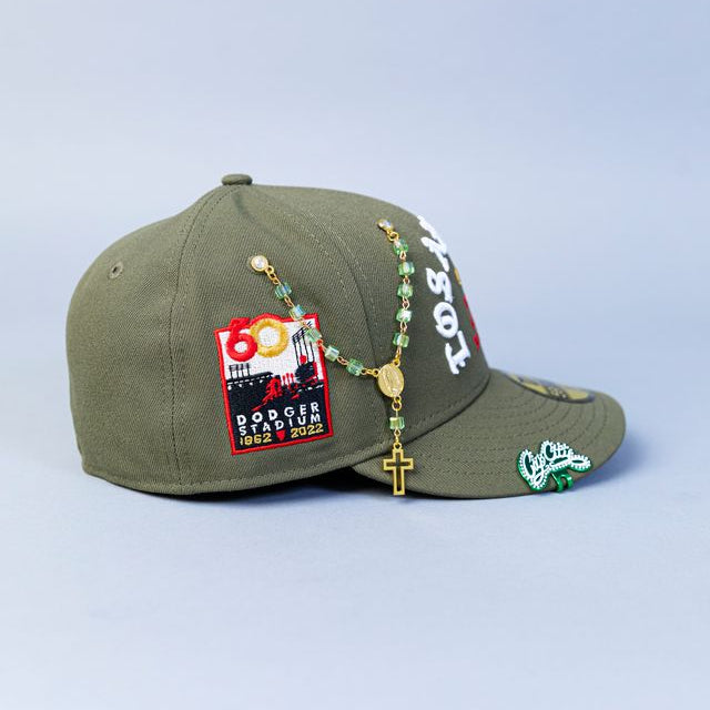 NEW ERA EXCLUSIVE 59FIFTY OLIVE LOS ANGELES DODGERS "1958 MLB SCRIPT" W/ DODGER STADIUM SIDE PATCH