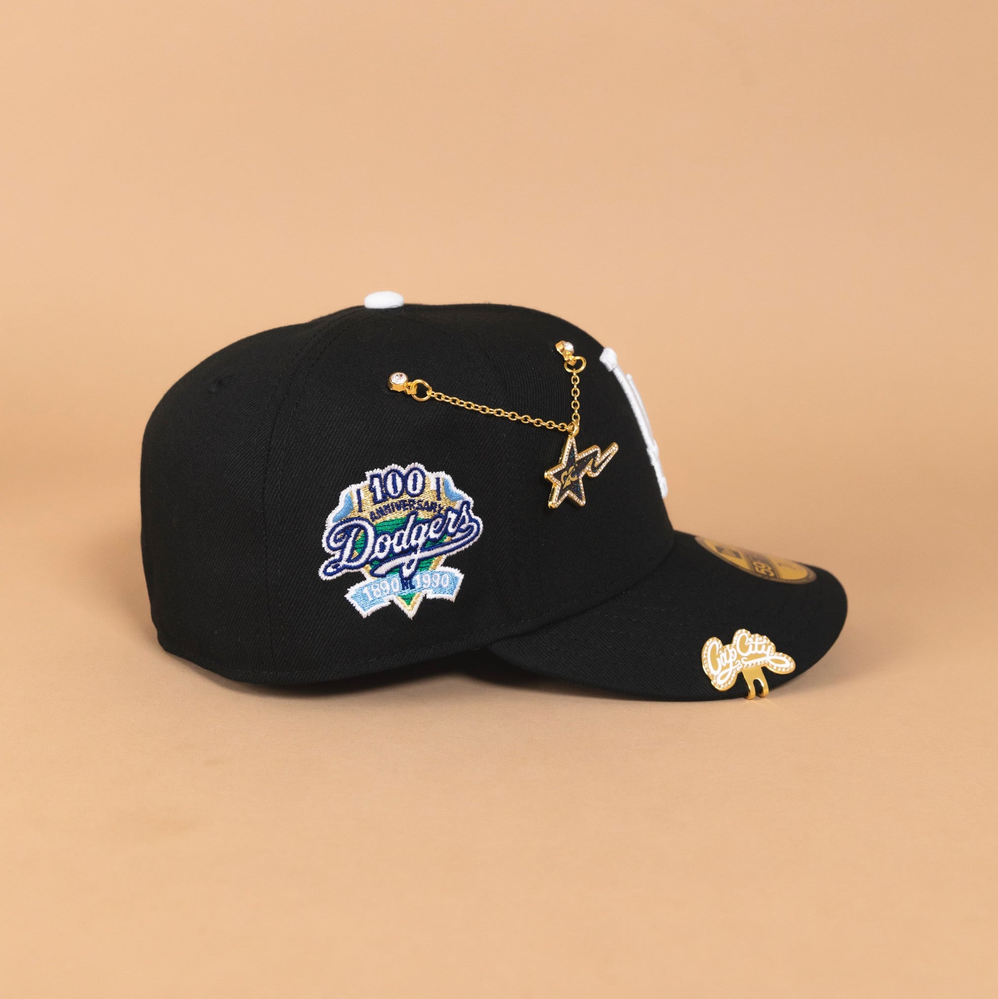 NEW ERA EXCLUSIVE 59FIFTY BLACK LOS ANGELES DODGERS W/ ICY HEART + 100TH ANNIVERSARY SIDE PATCH