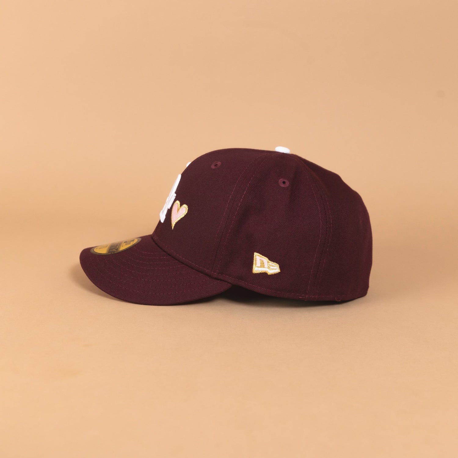 NEW ERA EXCLUSIVE 59FIFTY MAROON LOS ANGELES DODGERS W/ PINK HEART + 50TH ANNIVERSARY SIDE PATCH