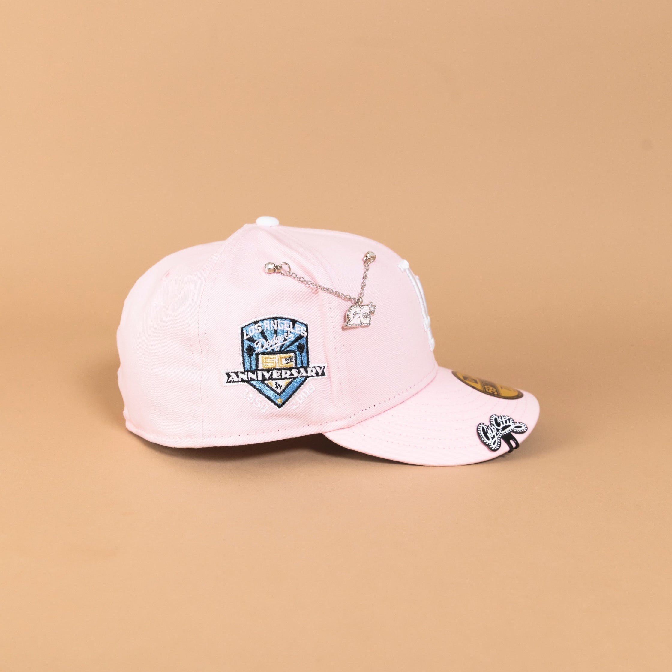 NEW ERA EXCLUSIVE 59FIFTY PINK LOS ANGELES DODGERS W/ ICY HEART + 50TH ANNIVERSARY SIDE PATCH