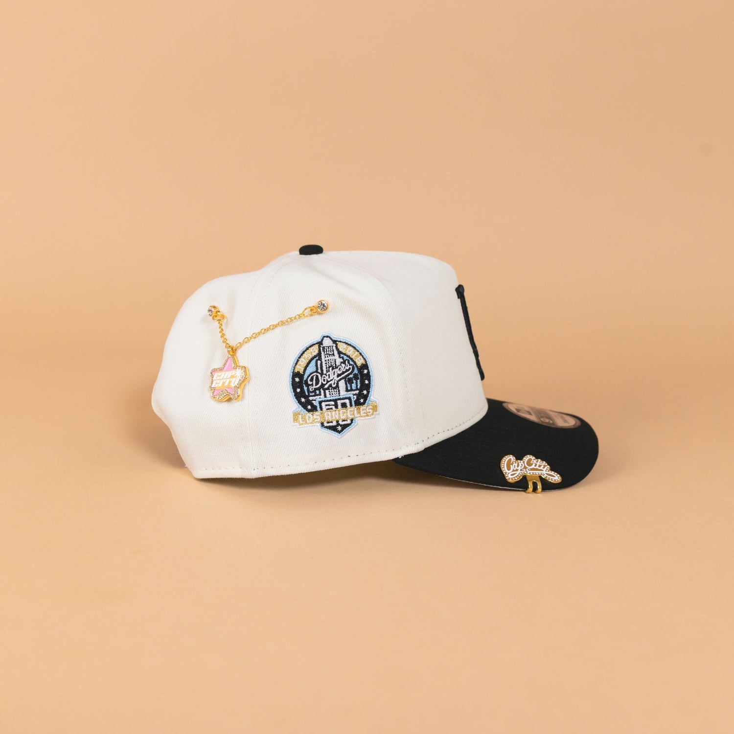 NEW ERA EXCLUSIVE 9FIFTY A-FRAME CHROME/ BLACK LOS ANGELES DODGERS SNAPBACK W/ HEART + 60TH ANNIVERSARY SIDE PATCH