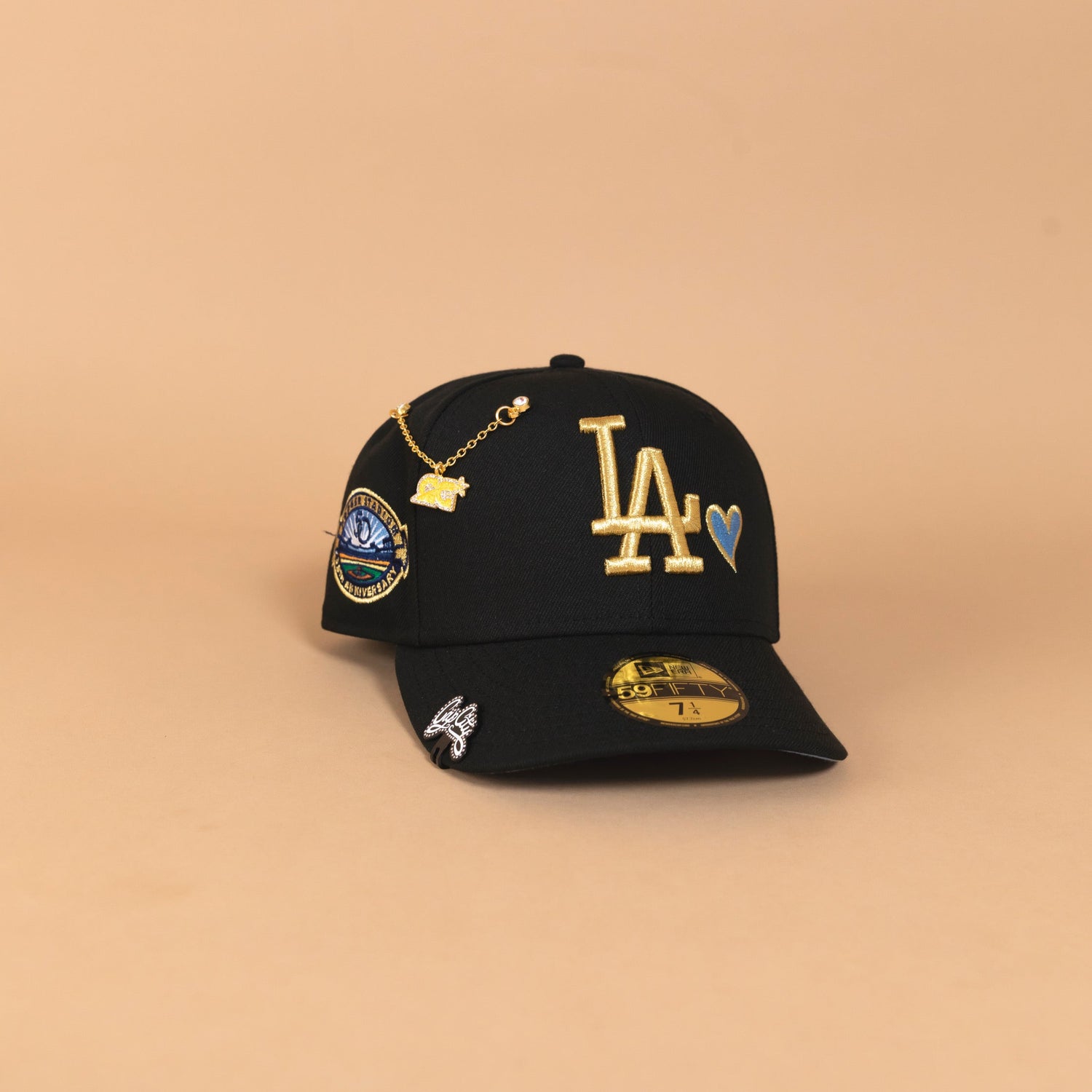NEW ERA EXCLUSIVE 59FIFTY BLACK LOS ANGELES DODGERS W/ ICY HEART + 50TH ANNIVERSARY SIDE PATCH