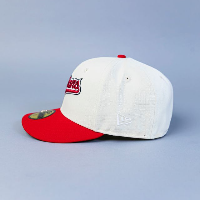 NEW ERA EXCLUSIVE 59FIFTY CHROME/ RED CLEVELAND INDIANS SCRIPT W/ "JACOBS FIELD" SIDE PATCH