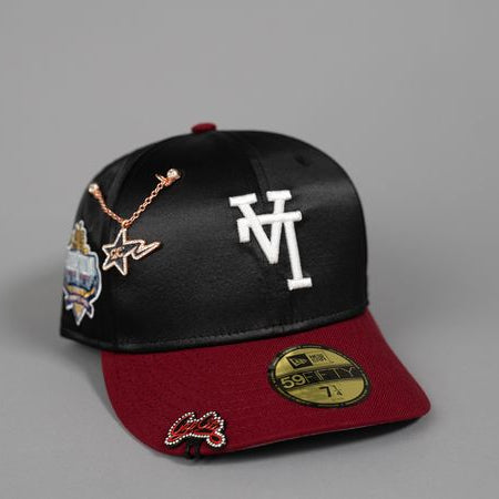 NEW ERA EXCLUSIVE 59FIFTY BLACK SATIN/ BURGUNDY UPSIDE DOWN LOS ANGELES DODGERS W/ 40TH ANNIVERSARY SIDE PATCH