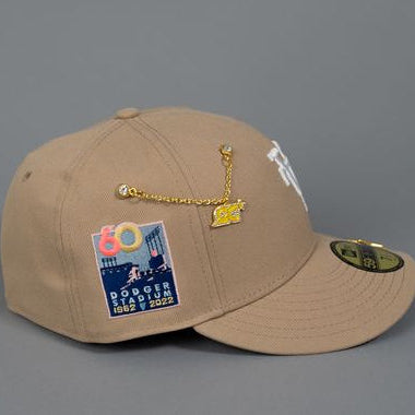 NEW ERA EXCLUSIVE 59FIFTY LIGHT KHAKI UPSIDE DOWN LOS ANGELES DODGERS W/ DODGER STADIUM SIDE PATCH