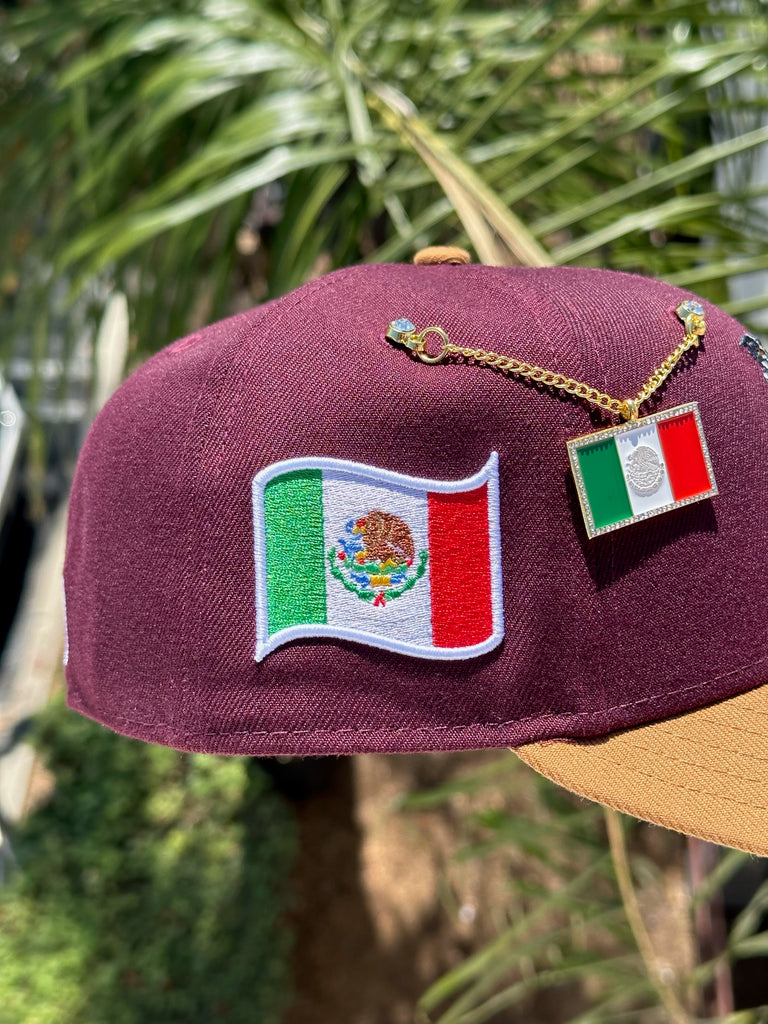 NEW ERA EXCLUSIVE 59FIFTY MAROON/KHAKI MEXICO "EL GALLO" W/ MEXICO FLAG PATCH (GREY UV)
