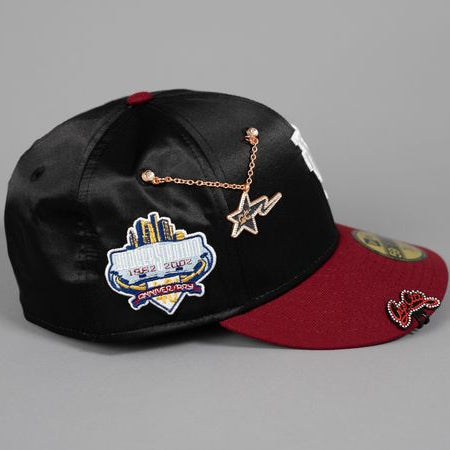 NEW ERA EXCLUSIVE 59FIFTY BLACK SATIN/ BURGUNDY UPSIDE DOWN LOS ANGELES DODGERS W/ 40TH ANNIVERSARY SIDE PATCH