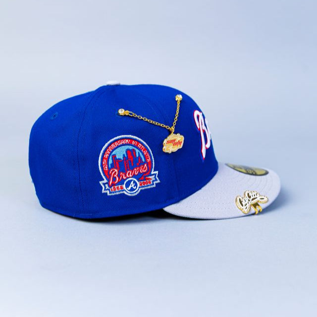 NEW ERA 59FIFTY BLUE/ GREY ATLANTA BRAVES SCRIPT W/ 40TH ANNIVERSARY SIDE PATCH