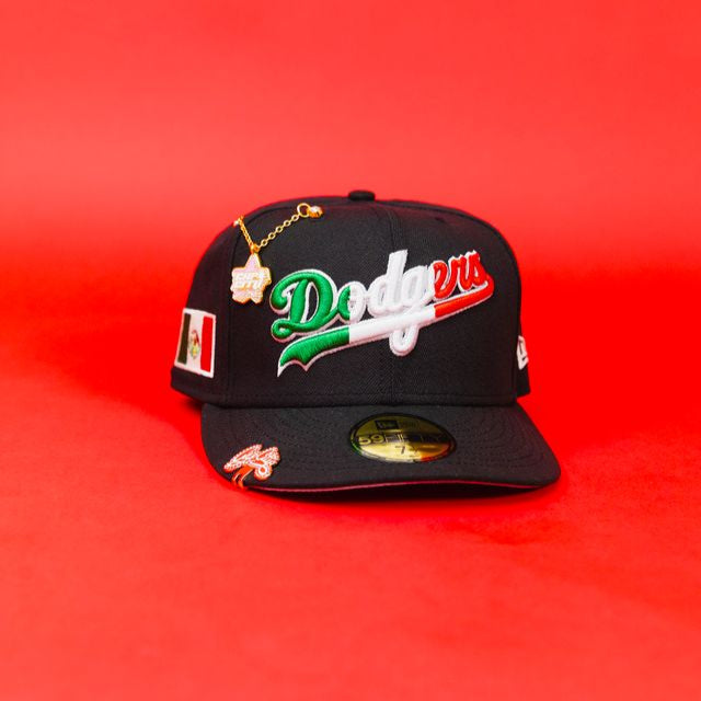 NEW ERA EXCLUSIVE 59FIFTY BLACK LOS ANGELES DODGERS SCRIPT W/ MEXICAN FLAG LOGO + MEXICO FLAG SIDE PATCH