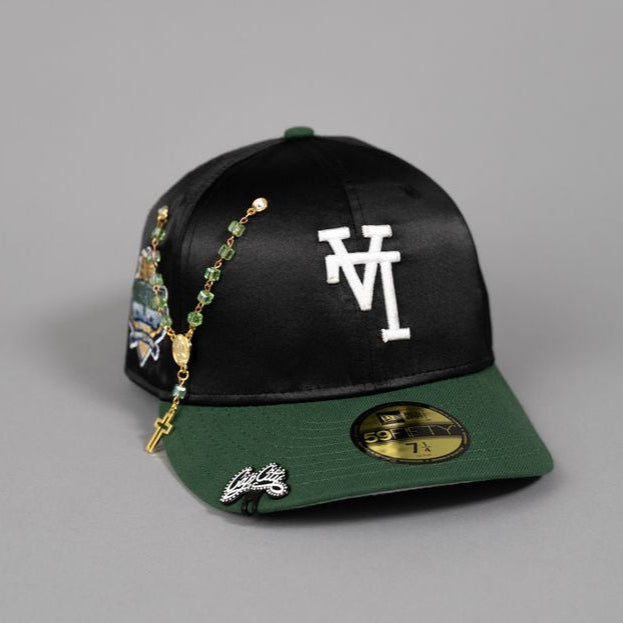 NEW ERA EXCLUSIVE 59FIFTY BLACK SATIN/ GREEN UPSIDE DOWN LOS ANGELES DODGERS W/ 40TH ANNIVERSARY PATCH