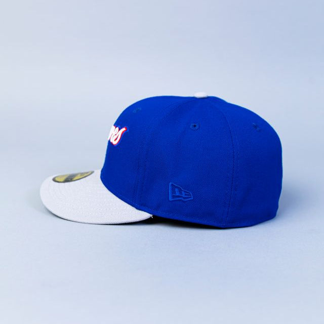 NEW ERA 59FIFTY BLUE/ GREY ATLANTA BRAVES SCRIPT W/ 40TH ANNIVERSARY SIDE PATCH