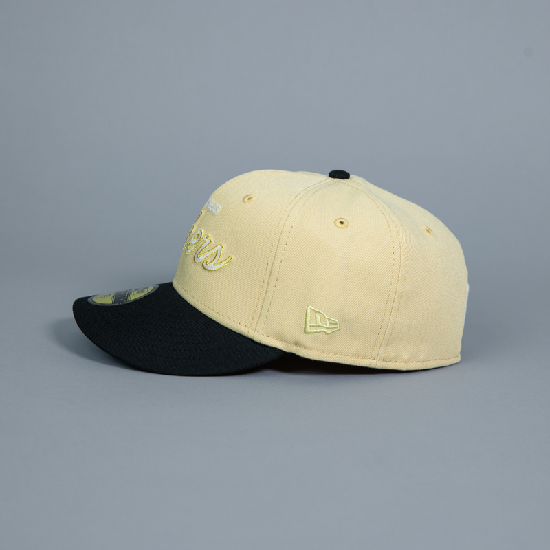 NEW ERA EXCLUSIVE 59FIFTY VEGAS GOLD/ BLACK LOS ANGELES LAKERS SCRIPT W/ 60TH ANNIVERSARY SIDE PATCH