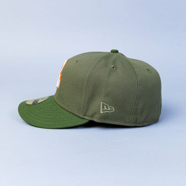 NEW ERA EXCLUSIVE 59FIFTY OLIVE BALTIMORE ORIOLES W/ 50TH ANNIVERSARY SIDE PATCH