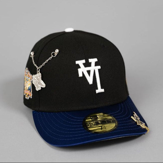 NEW ERA EXCLUSIVE 59FIFTY BLACK/ SATIN BLUE UPSIDE DOWN LOS ANGELES DODGERS W/ 40TH ANNIVERSARY SIDE PATCH