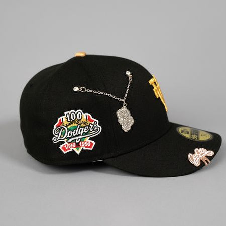 NEW ERA EXCLUSIVE 59FIFTY BLACK UPSIDE DOWN LOS ANGELES DODGERS W/ 100TH ANNIVERSARY SIDE PATCH