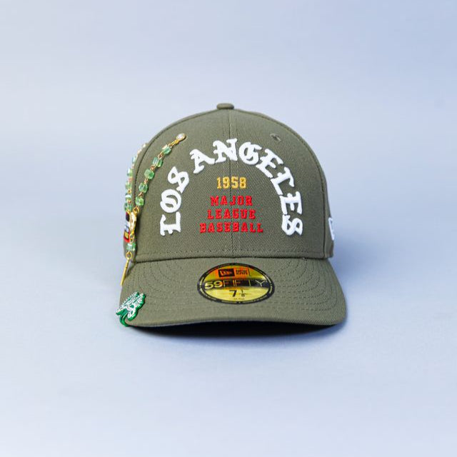 NEW ERA EXCLUSIVE 59FIFTY OLIVE LOS ANGELES DODGERS "1958 MLB SCRIPT" W/ DODGER STADIUM SIDE PATCH