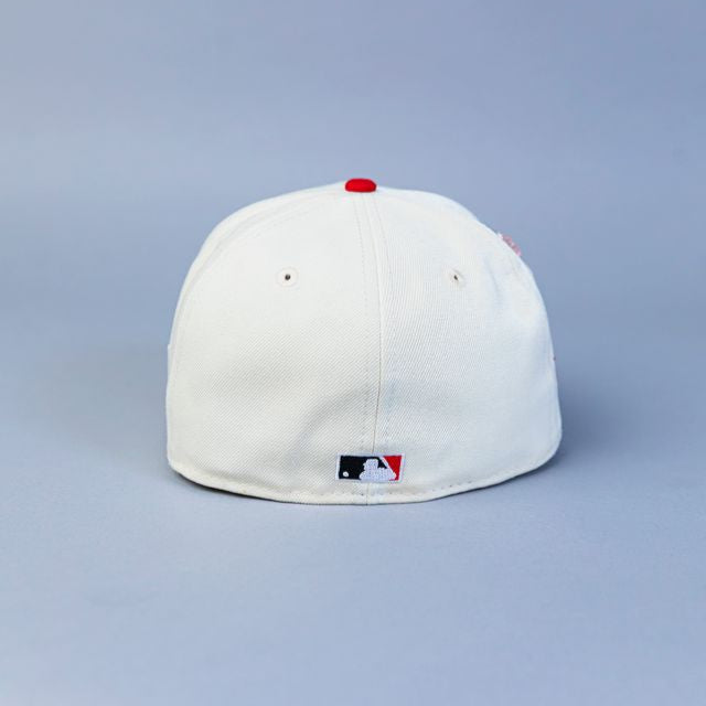 NEW ERA EXCLUSIVE 59FIFTY CHROME/ RED CLEVELAND INDIANS SCRIPT W/ "JACOBS FIELD" SIDE PATCH