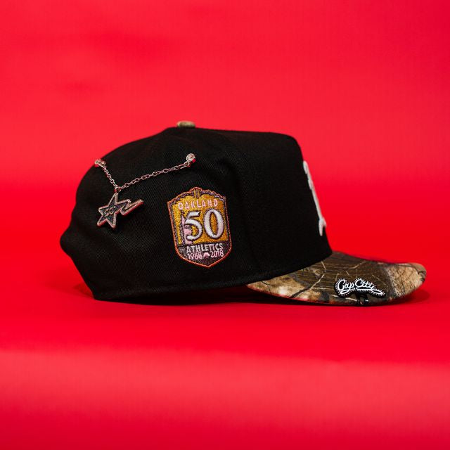 NEW ERA EXCLUSIVE 9FIFTY A-FRAME BLACK/ REALTREE OAKLAND A'S W/ 50TH ANNIVERSARY SIDE PATCH