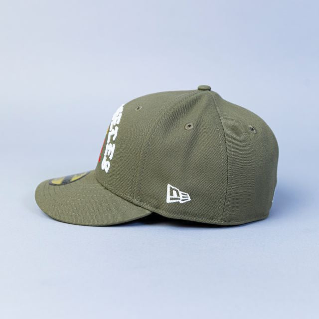 NEW ERA EXCLUSIVE 59FIFTY OLIVE LOS ANGELES DODGERS "1958 MLB SCRIPT" W/ DODGER STADIUM SIDE PATCH