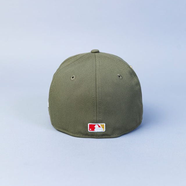 NEW ERA EXCLUSIVE 59FIFTY OLIVE LOS ANGELES DODGERS "1958 MLB SCRIPT" W/ DODGER STADIUM SIDE PATCH