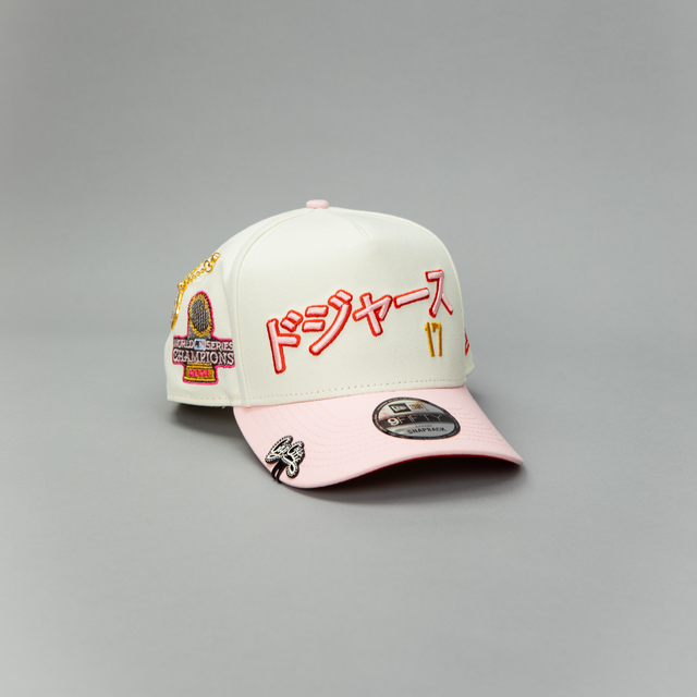 NEW ERA EXCLUSIVE 9FIFTY A-FRAME CHROME/ PINK LOS ANGELES DODGERS JAPANESE SCRIPT W/ 2024 WORLD SERIES CHAMPIONS SIDE PATCH