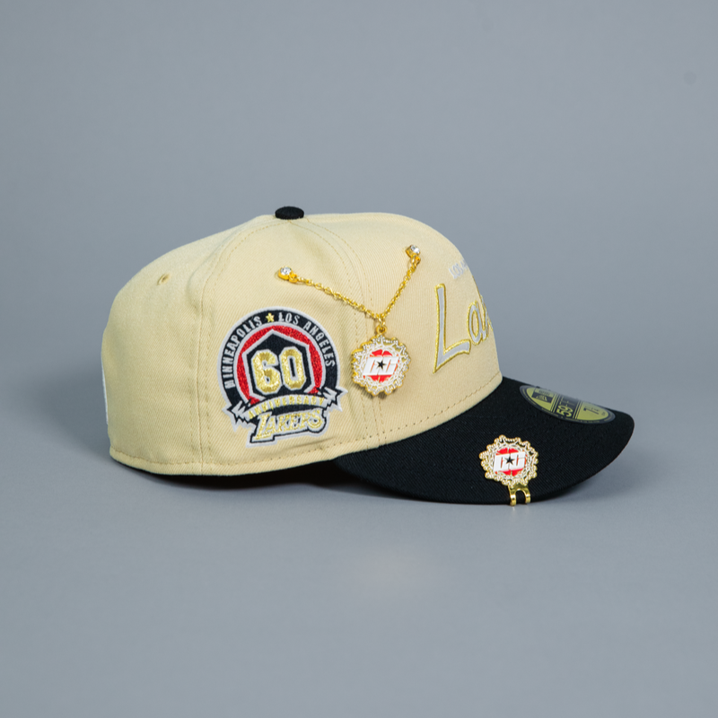 NEW ERA EXCLUSIVE 59FIFTY VEGAS GOLD/ BLACK LOS ANGELES LAKERS SCRIPT W/ 60TH ANNIVERSARY SIDE PATCH