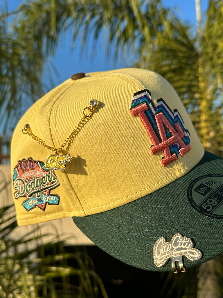 NEW ERA EXCLUSIVE 59FIFTY YELLOW/FOREST GREEN LOS ANGELES DODGERS W/ 100TH ANNIVERSARY PATCH (BROWN UV)