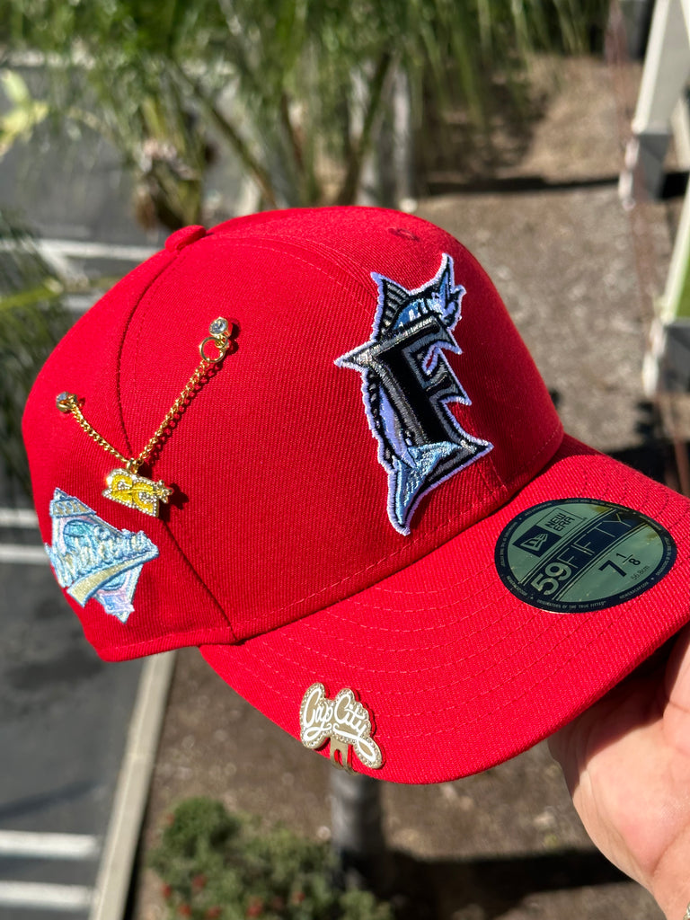 NEW ERA EXCLUSIVE 59FIFTY RED FLORIDA MARLINS W/ 1997 WORLD SERIES PATCH (PINK UV)