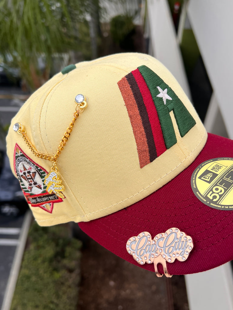 NEW ERA EXCLUSIVE 59FIFTY YELLOW/MAROON HOUSTON ASTROS W/ 25TH SILVER ANNIVERSARY PATCH (BROWN UV)