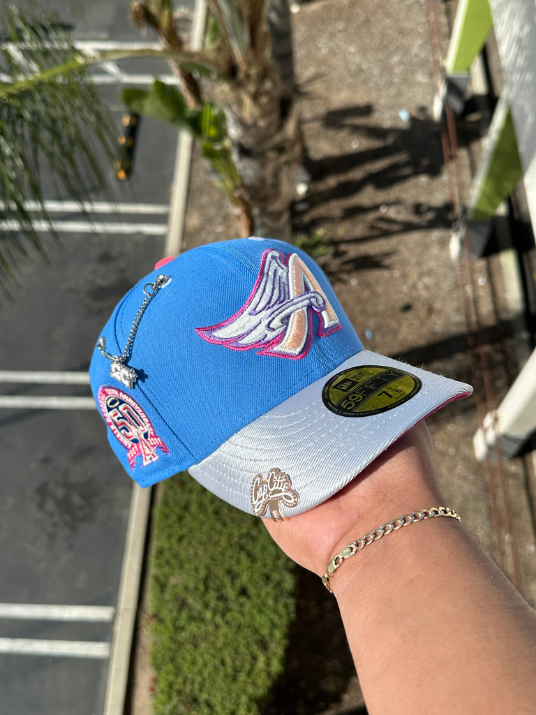 NEW ERA EXCLUSIVE 59FIFTY ICY BLUE/SILVER ANAHEIM ANGELS W/ 50TH ANNIVERSARY PATCH (HOT PINK UV)