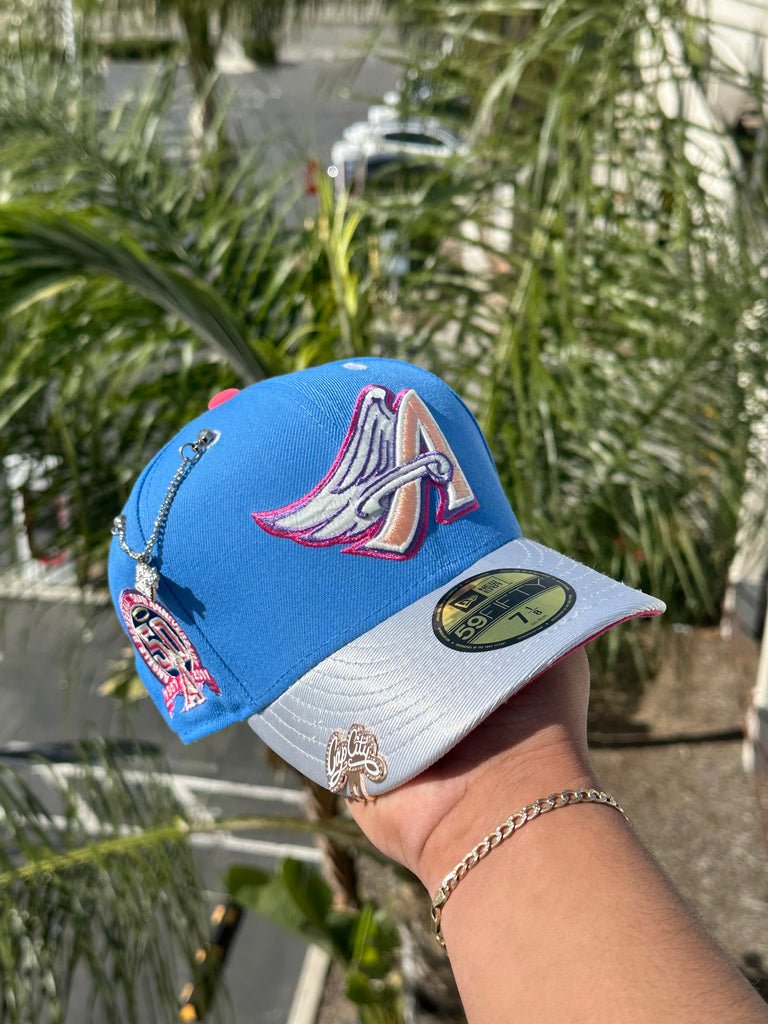 NEW ERA EXCLUSIVE 59FIFTY ICY BLUE/SILVER ANAHEIM ANGELS W/ 50TH ANNIVERSARY PATCH (HOT PINK UV)