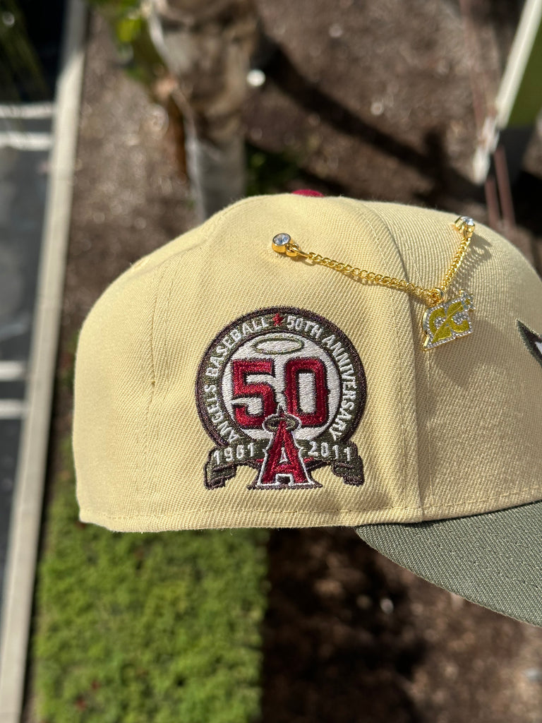 NEW ERA EXCLUSIVE 59FIFTY VEGAS GOLD ANAHEIM ANGELS W/ 50TH ANNIVERSARY PATCH (MAROON UV)