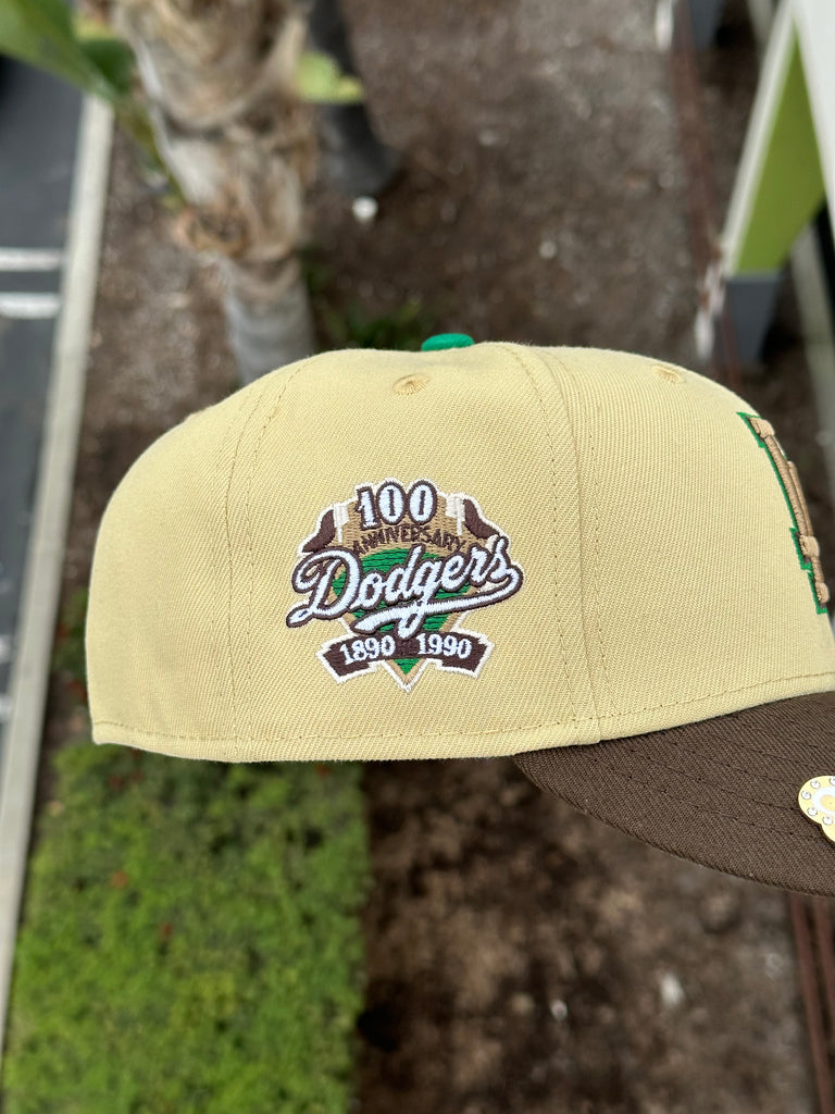 NEW ERA EXCLUSIVE 59FIFTY VEGAS GOLD/WALNUT LOS ANGELES DODGERS W/ 100TH ANNIVERSARY PATCH (GREEN UV)