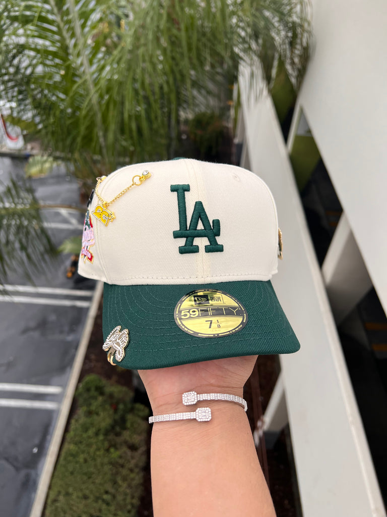 NEW ERA EXCLUSIVE 59FIFTY CHROME WHITE/FOREST GREEN LOS ANGELES DODGERS W/ 100TH ANNIVERSARY PATCH (RED UV)