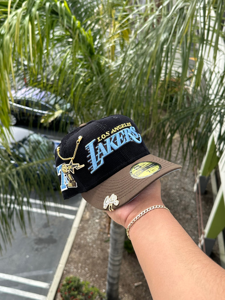 NEW ERA EXCLUSIVE 59FIFTY CORDUROY/WALNUT LOS ANGELES LAKERS W/ 17X CHAMPIONS PATCH + 2020 CHAMPS PATCH (ICY UV)