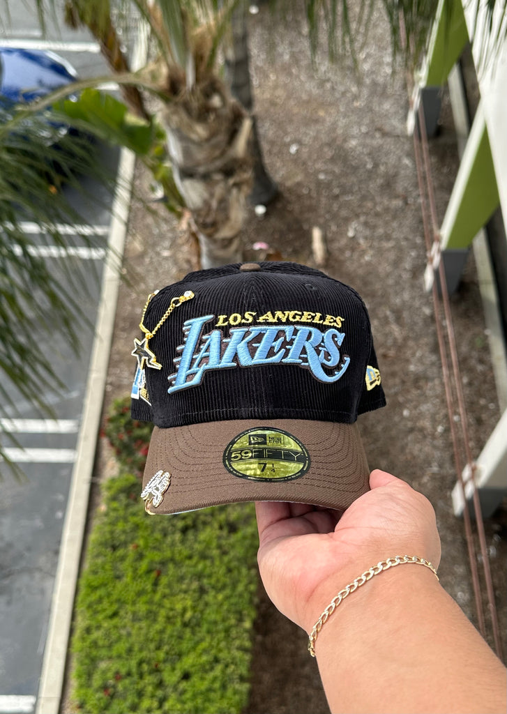 NEW ERA EXCLUSIVE 59FIFTY CORDUROY/WALNUT LOS ANGELES LAKERS W/ 17X CHAMPIONS PATCH + 2020 CHAMPS PATCH (ICY UV)