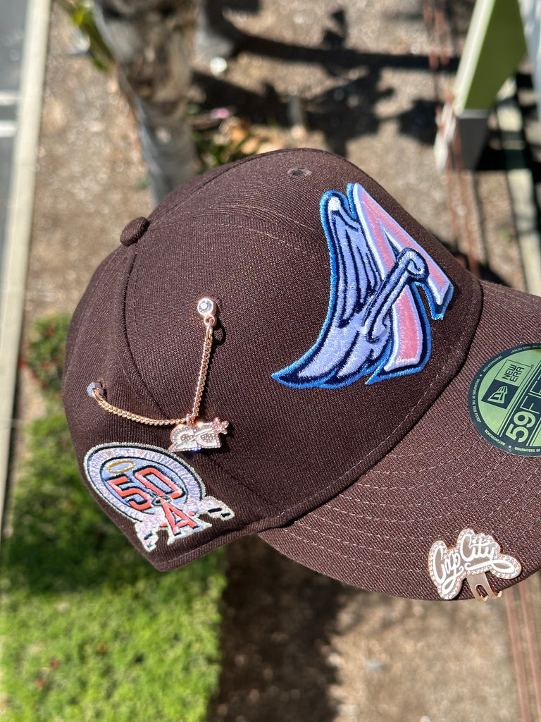 NEW ERA EXCLUSIVE 59FIFTY BROWN ANAHEIM ANGELS W/ 50TH ANNIVERSARY PATCH (PINK UV)