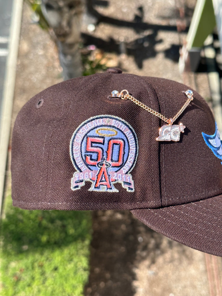 NEW ERA EXCLUSIVE 59FIFTY BROWN ANAHEIM ANGELS W/ 50TH ANNIVERSARY PATCH (PINK UV)