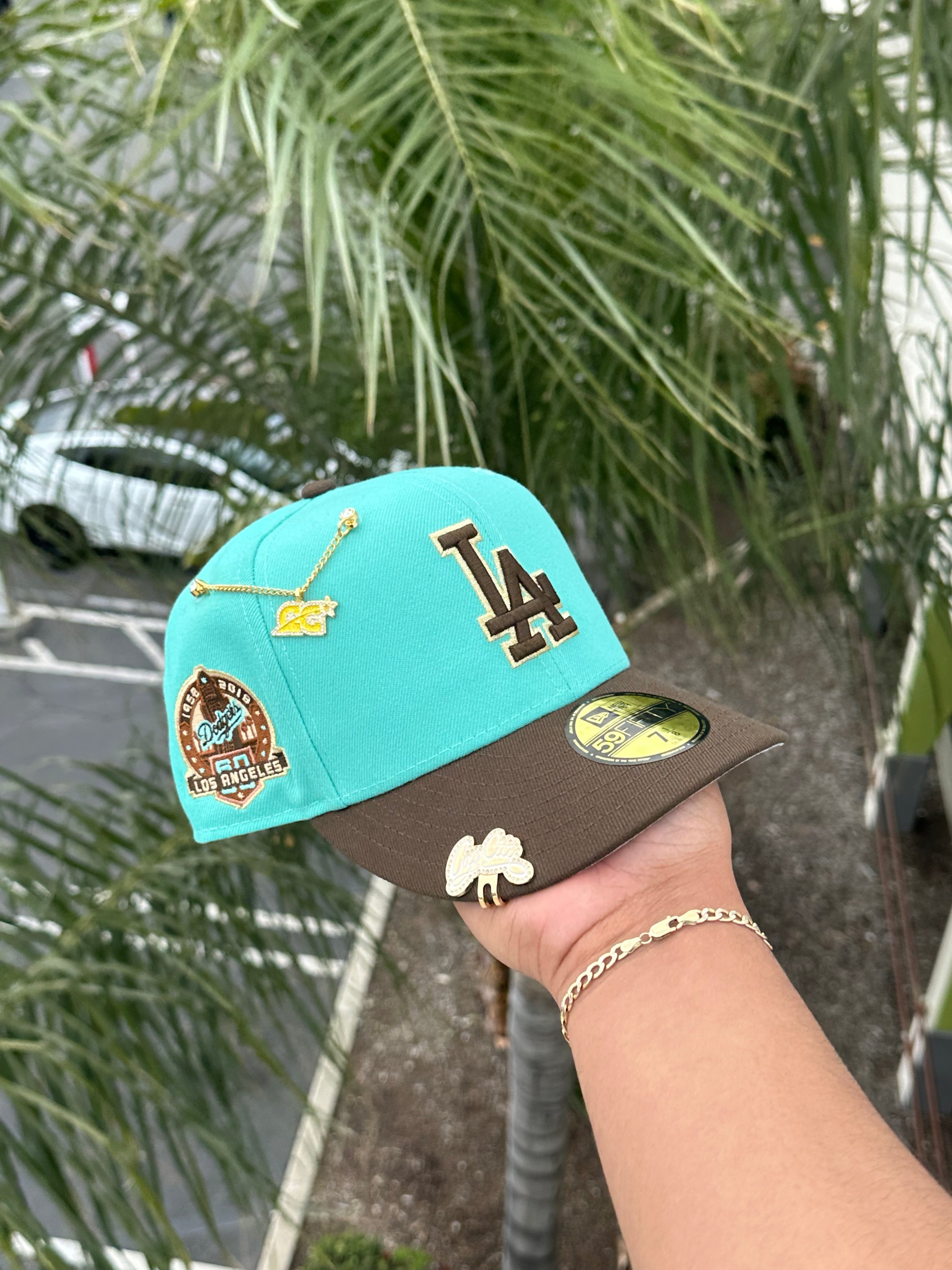NEW ERA EXCLUSIVE 59FIFTY MINT/WALNUT LOS ANGELES DODGERS W/ 60TH ANNIVERSARY PATCH