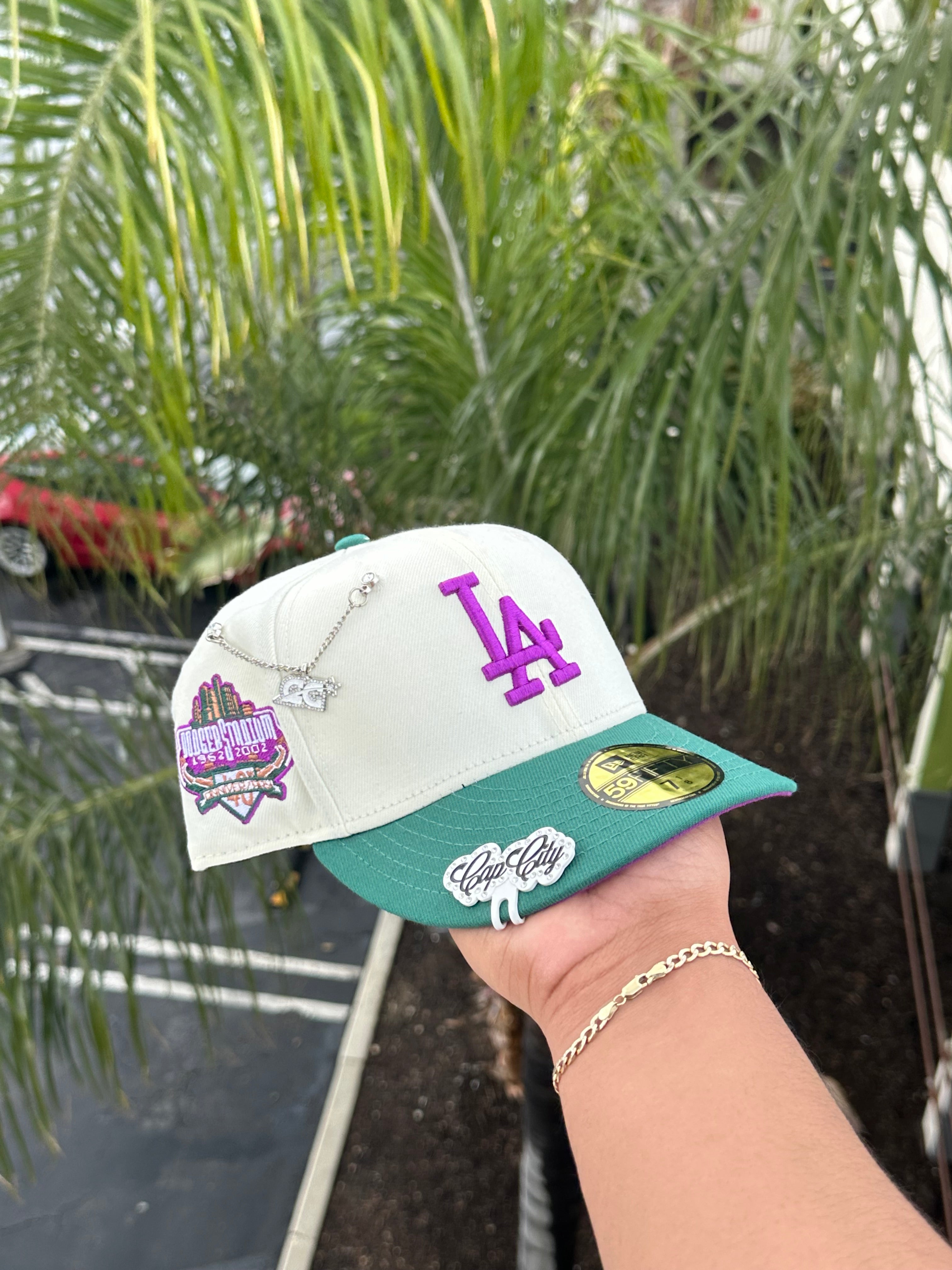 EXCLUSIVO DE NEW ERA 59FIFTY CROMADO BLANCO/VERDE BOSQUE LOS ANGELES DODGERS CON PARCHE DEL 40 ANIVERSARIO 