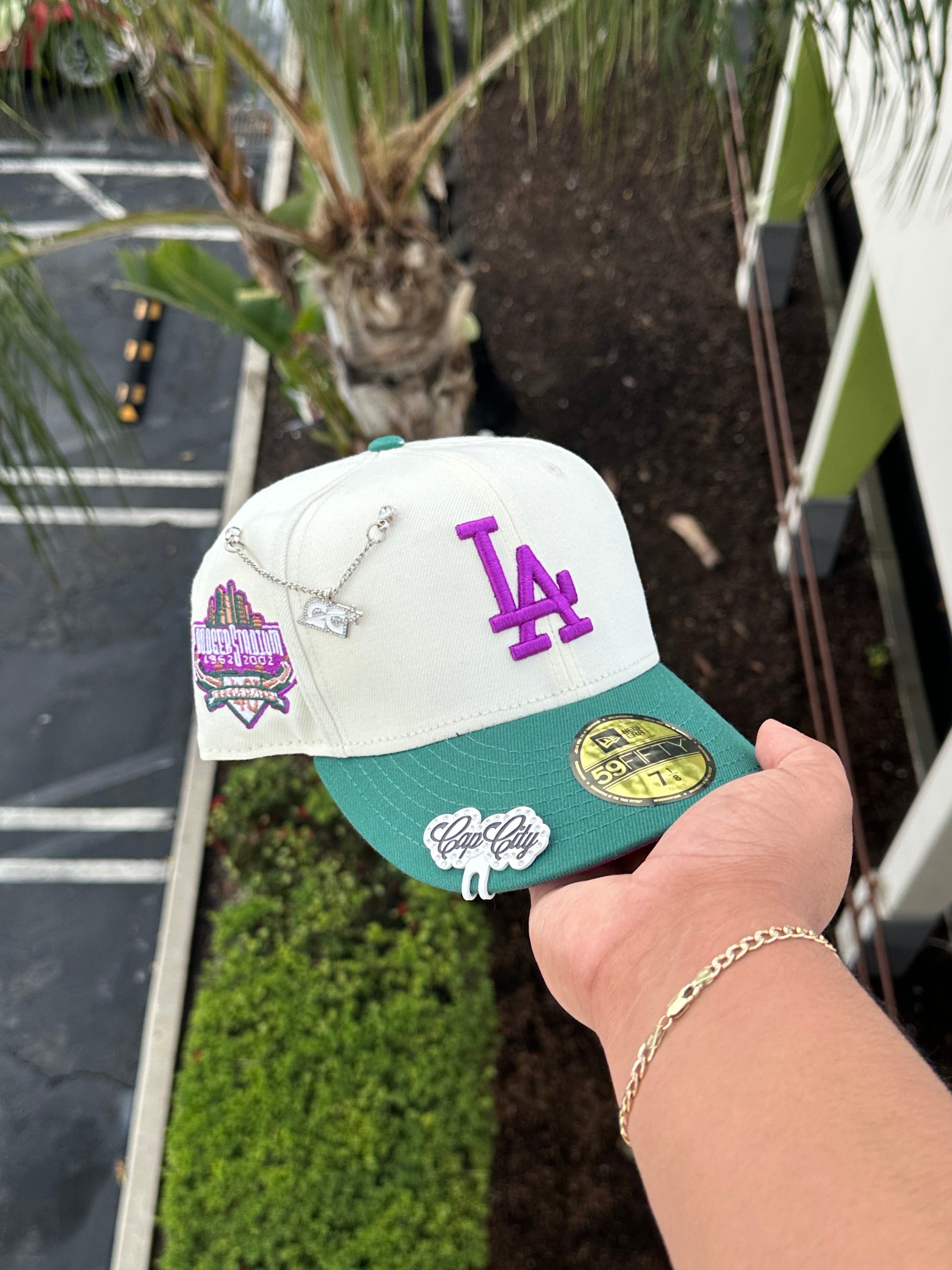 EXCLUSIVO DE NEW ERA 59FIFTY CROMADO BLANCO/VERDE BOSQUE LOS ANGELES DODGERS CON PARCHE DEL 40 ANIVERSARIO 