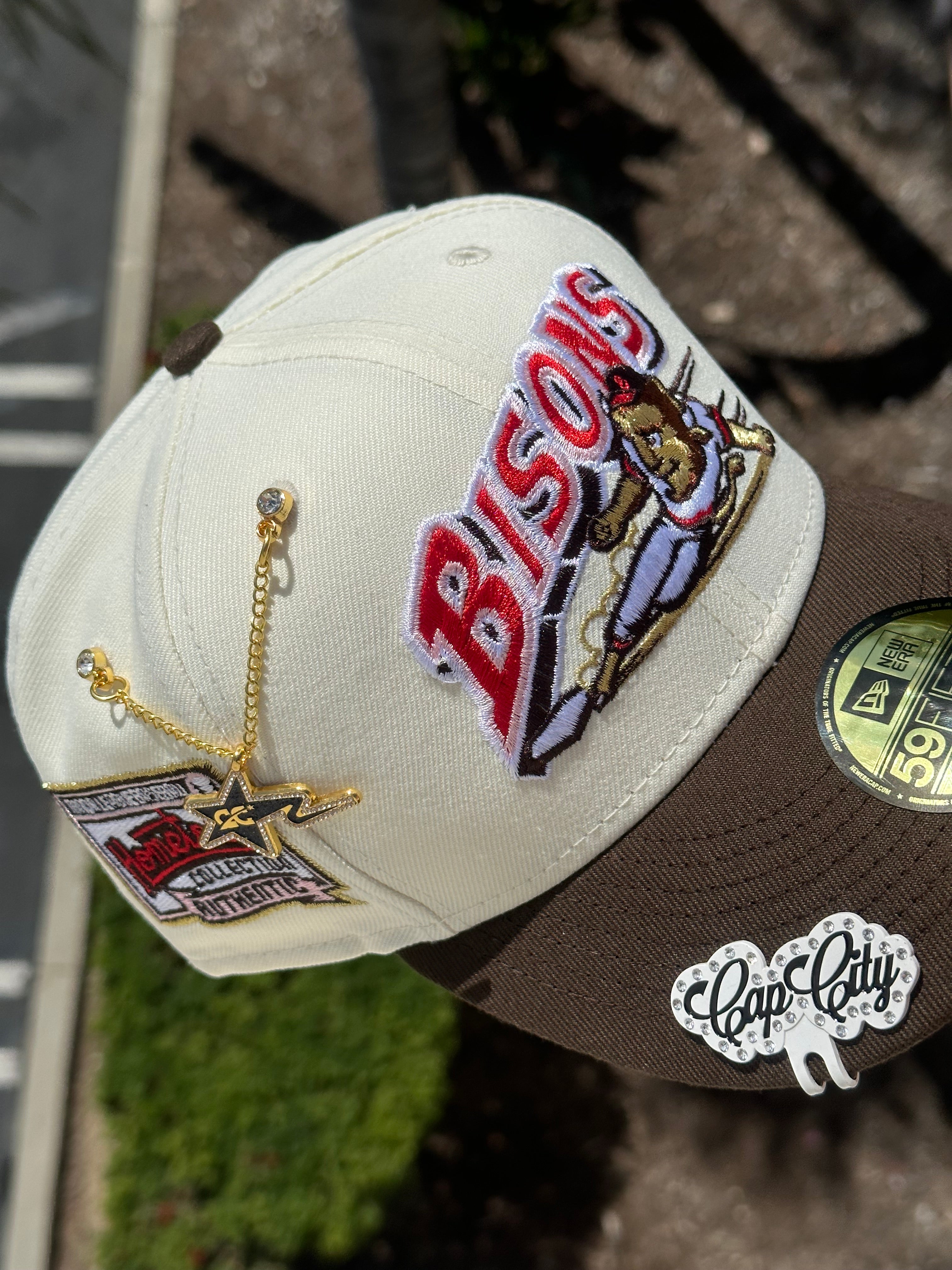 NEW ERA EXCLUSIVE 59FIFTY CHROME WHITE/WALNUT BUFFALO BISONS W/ HOMETOWN COLLECTION PATCH