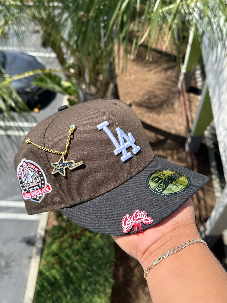 NEW ERA EXCLUSIVE 59FIFTY MOCHA/BLACK LOS ANGELES DODGERS W/ 60TH ANNIVERSARY PATCH (PINK UV)