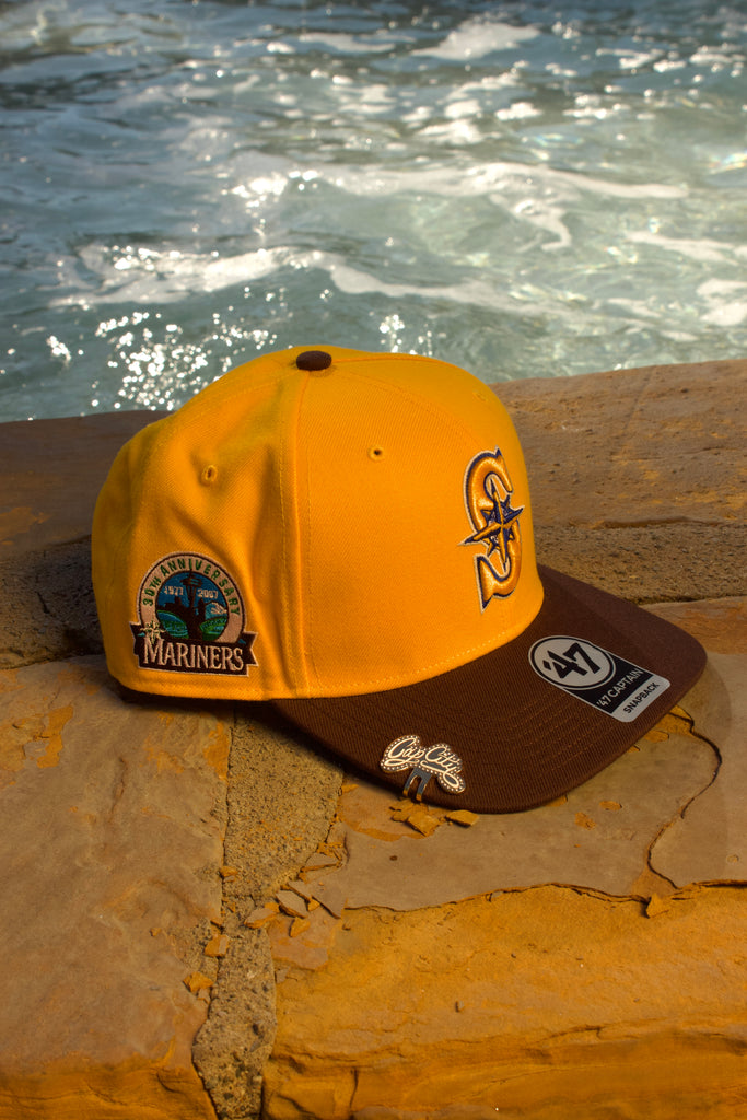 NEW* YELLOW GOLD/BROWN SEATTLE MARINERS '47 CAPTAIN SNAPBACK W/ 30TH ANNIVERSARY PATCH (GREEN UV)