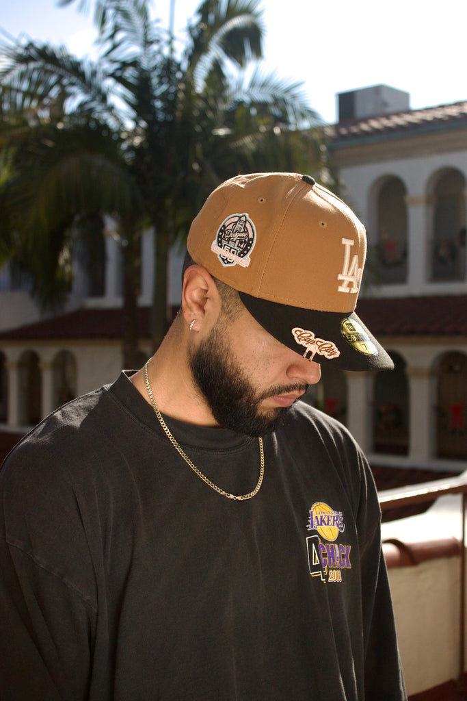NEW ERA EXCLUSIVE 59FIFTY TAN/BLACK LOS ANGELES DOGERS W/ 60TH ANNIVERSARY PATCH (PINK UV)