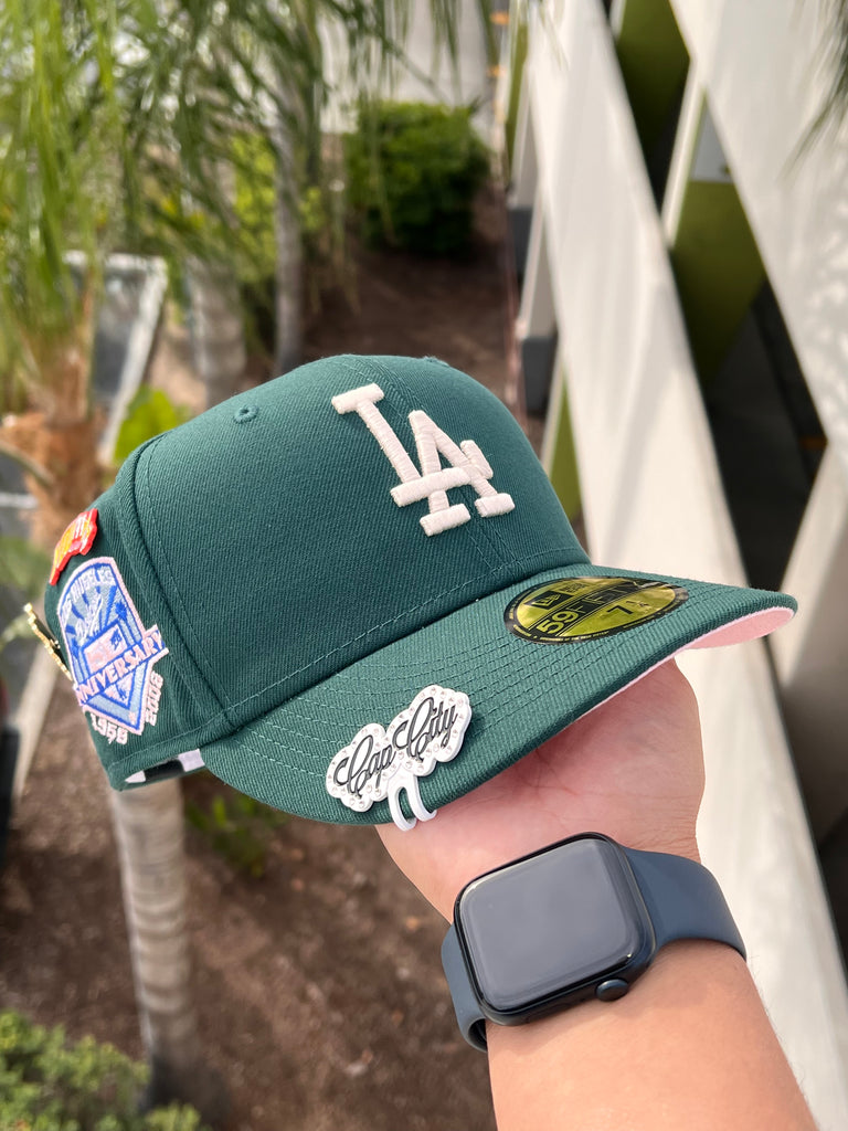 NEW ERA EXCLUSIVE 59FIFTY FOREST GREEN LOS ANGELES DODGERS W/ 50TH ANNIVERSARY PATCH (PINK UV)