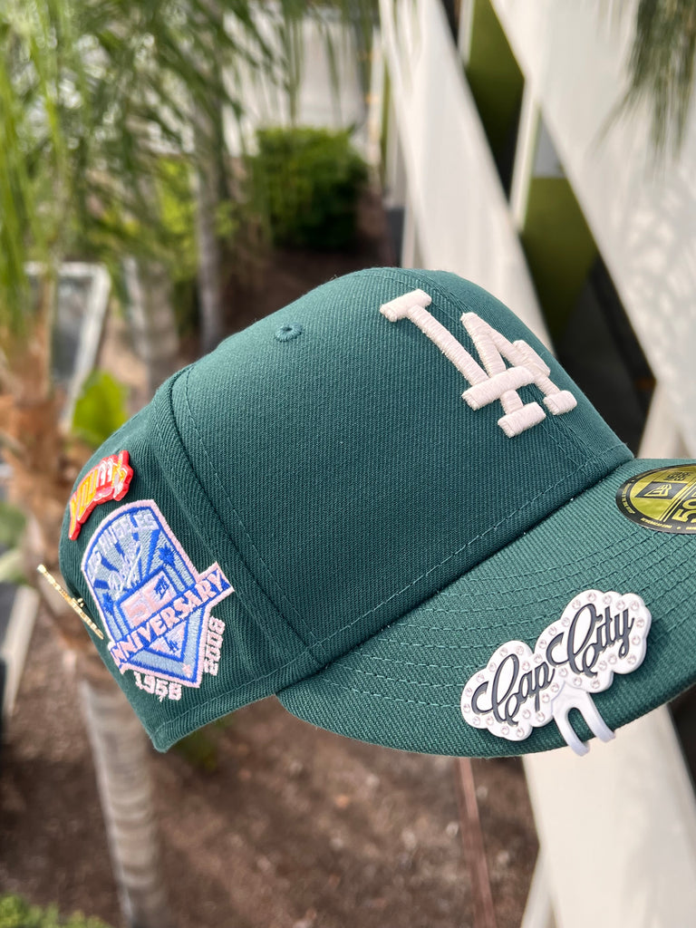 NEW ERA EXCLUSIVE 59FIFTY FOREST GREEN LOS ANGELES DODGERS W/ 50TH ANNIVERSARY PATCH (PINK UV)