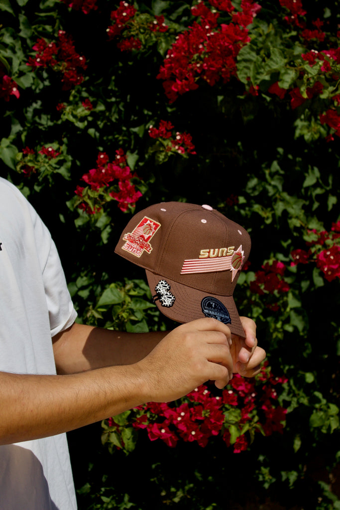 NEW MITCHELL & NESS BROWN PHOENIX SUNS DYNASTY FITTED W/ 25TH ANNIVERSARY PATCH (PINK UV)