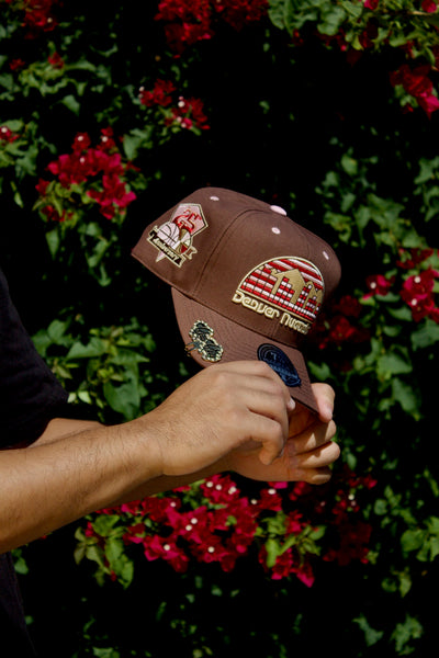 NEW MITCHELL & NESS BROWN DENVER NUGGETS DYNASTY FITTED W/ 25TH ANNIVERSARY PATCH (PINK UV)